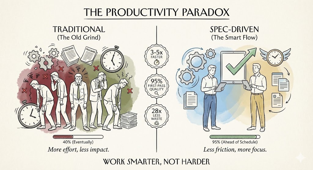 Efficiency comparison showing 3-5x gains with spec-driven methodology