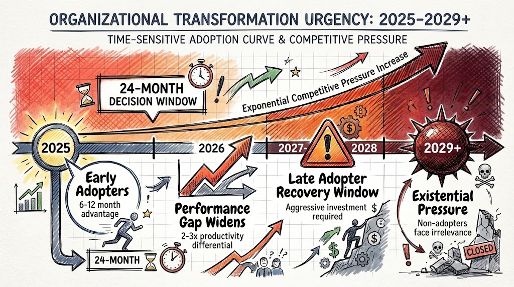 24-month organizational transformation timeline showing 2025 early adopters through 2029+ existential pressure, with an urgency curve and highlighted decision window