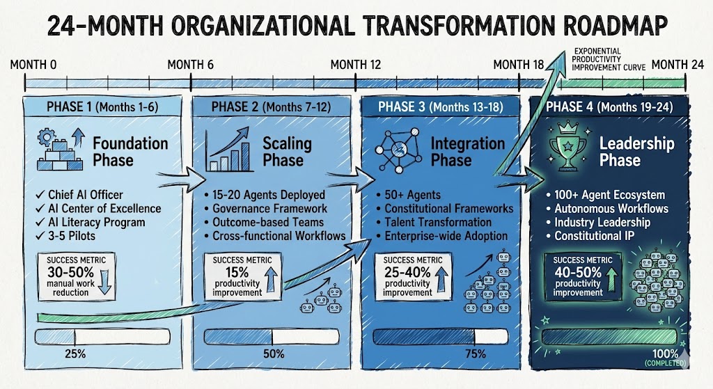 24-month organizational transformation roadmap showing Foundation, Scaling, Integration, and Leadership phases with growing agent counts and productivity gains