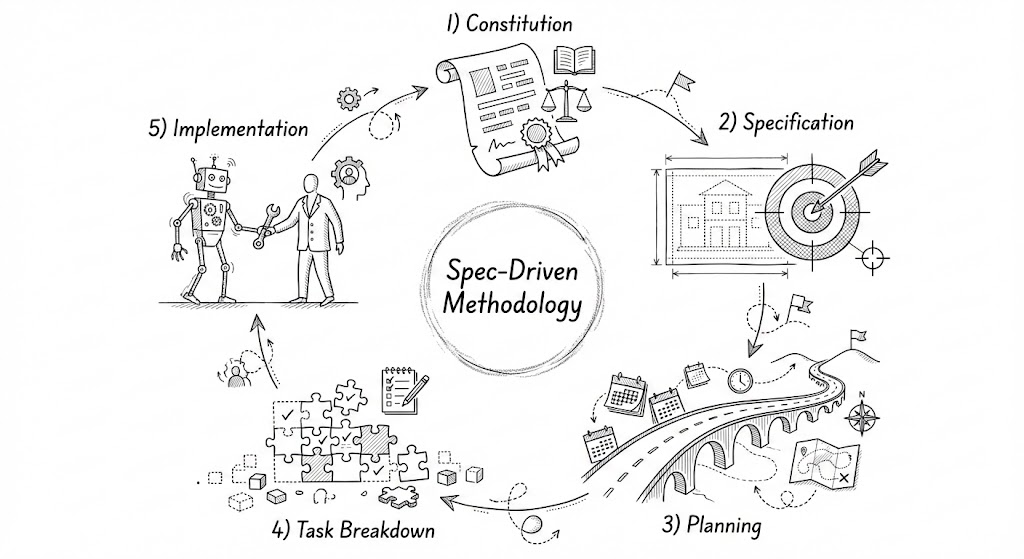 Circular five-phase spec-driven workflow diagram showing Constitution, Specification, Planning, Task Breakdown, and Implementation around a central “Spec-Driven Methodology” core