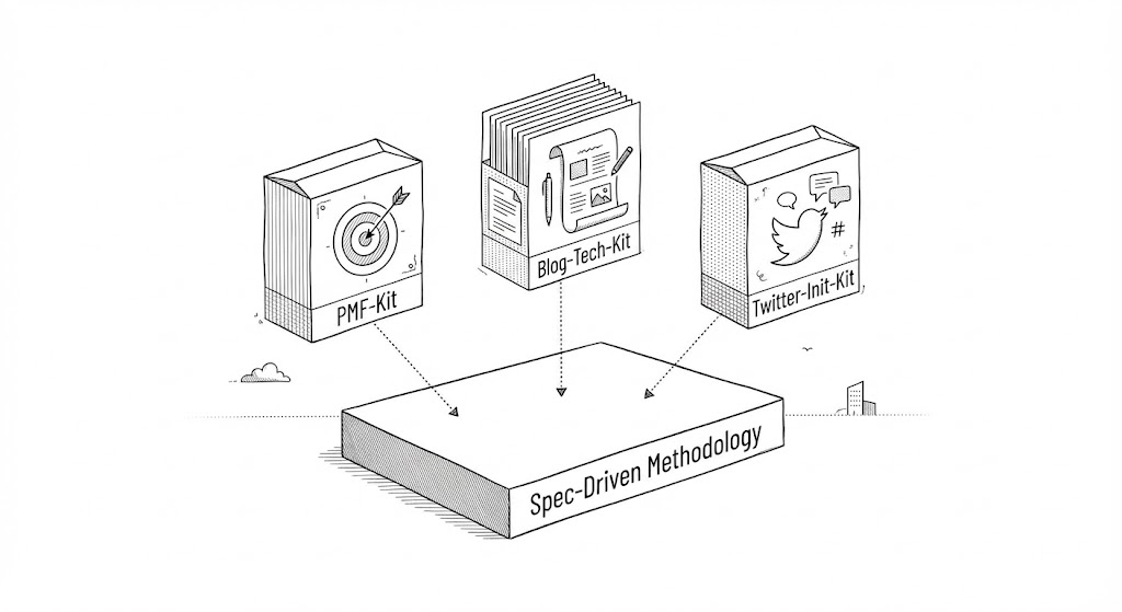 Three separate toolkit boxes for PMF-Kit, Blog-Tech-Kit, and Twitter-Init-Kit resting on a single shared foundation labeled “Spec-Driven Methodology”