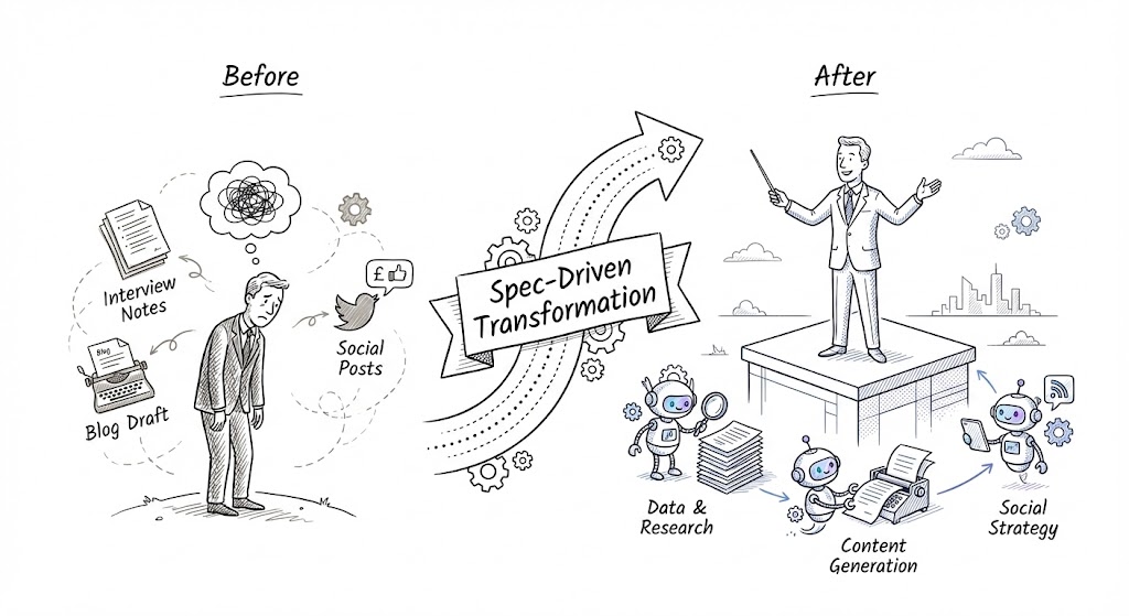 Before-and-after illustration showing a stressed professional buried in tasks on the left and a confident orchestrator directing multiple AI agents on the right