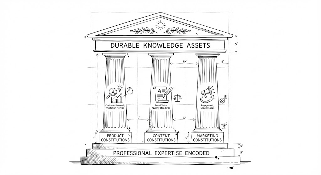 Architectural temple-style illustration with columns for Product, Content, and Marketing Constitutions supporting a roof labeled Organizational Intellectual Property above a foundation labeled Professional Expertise Encoded